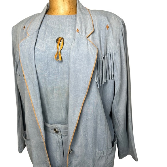 Vintage Western 3 Piece Set Blue Fringe Blazer Top Skirt Cactus Embroidery L - Picture 1 of 10